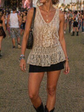 Together Ivory Lace Festival Boho 100% Nylon Sheer Top Sz S Front Ruffle Cottage